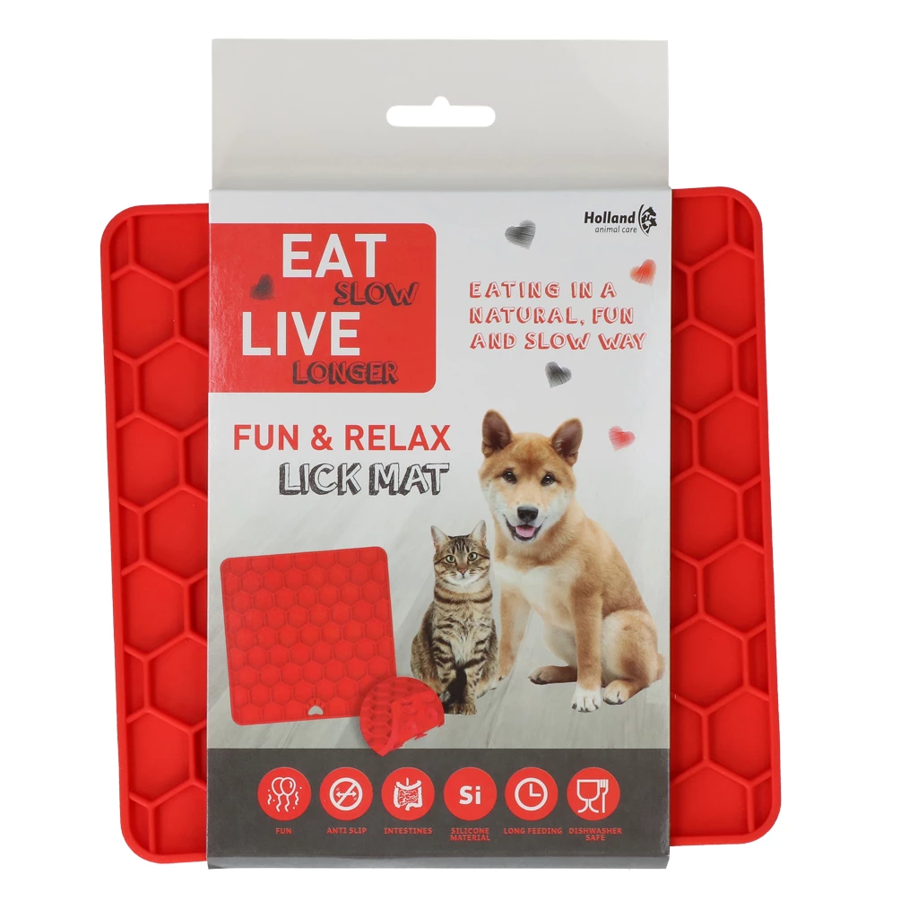 Podloga za lizanje za pse, rdeča barva, Eat Slow Live Longer, s priseski in počasnim hranjenjem