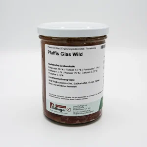 Pfaffis Glas Divjačina – naravna mokra hrana v kozarcu za pse, z divjačino, sladkim krompirjem in špinačo, 380 g